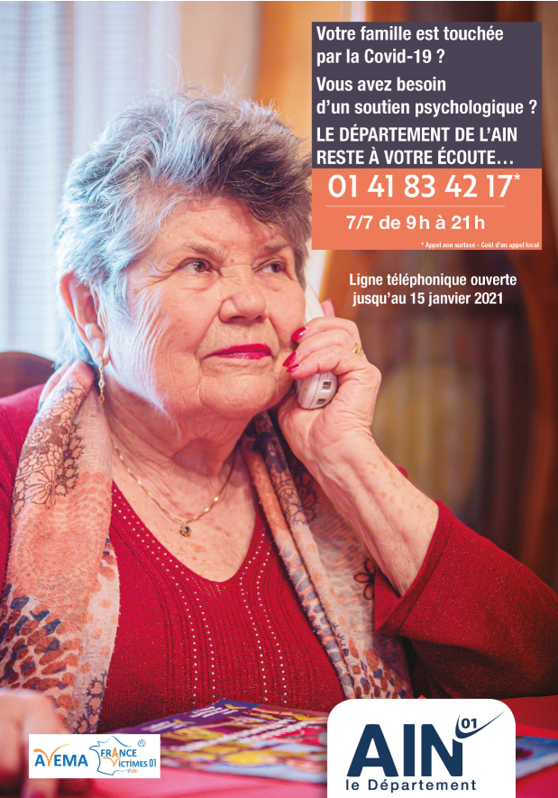Departement_AIN's tweet photo. [SOUTIEN &amp; ÉCOUTE] #Covid_19 Le Département de l’#Ain, l’association Avema-France Victimes 01 et @FranceVictimes mettent en place une cellule d’écoute téléphonique et d’accompagnement, ouverte 7j/7, de 9h à 21h ☎️Appelez le 01 41 83 42 17 https://t.co/PwtPEOMhAs https://t.co/nyXyvjT4uN