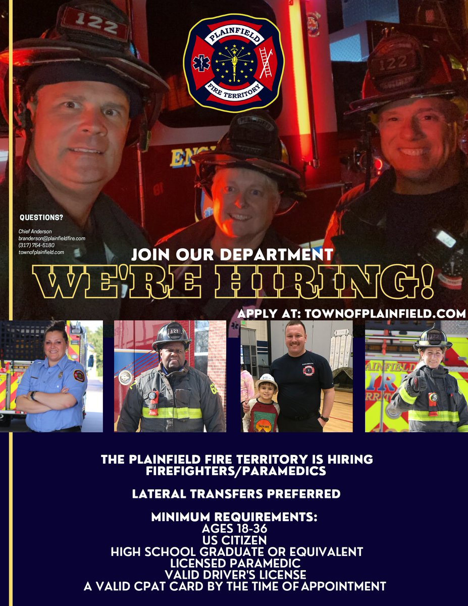 PlainfieldFire1's tweet photo. The PFT is hiring Firefighter/Paramedics! Application period is now open and will close on December 4th. Lateral applications are welcome and preferred, however all paramedic applicants are encouraged to apply. Visit https://t.co/D11AdGWlmm to apply. https://t.co/3V01geyG1T
