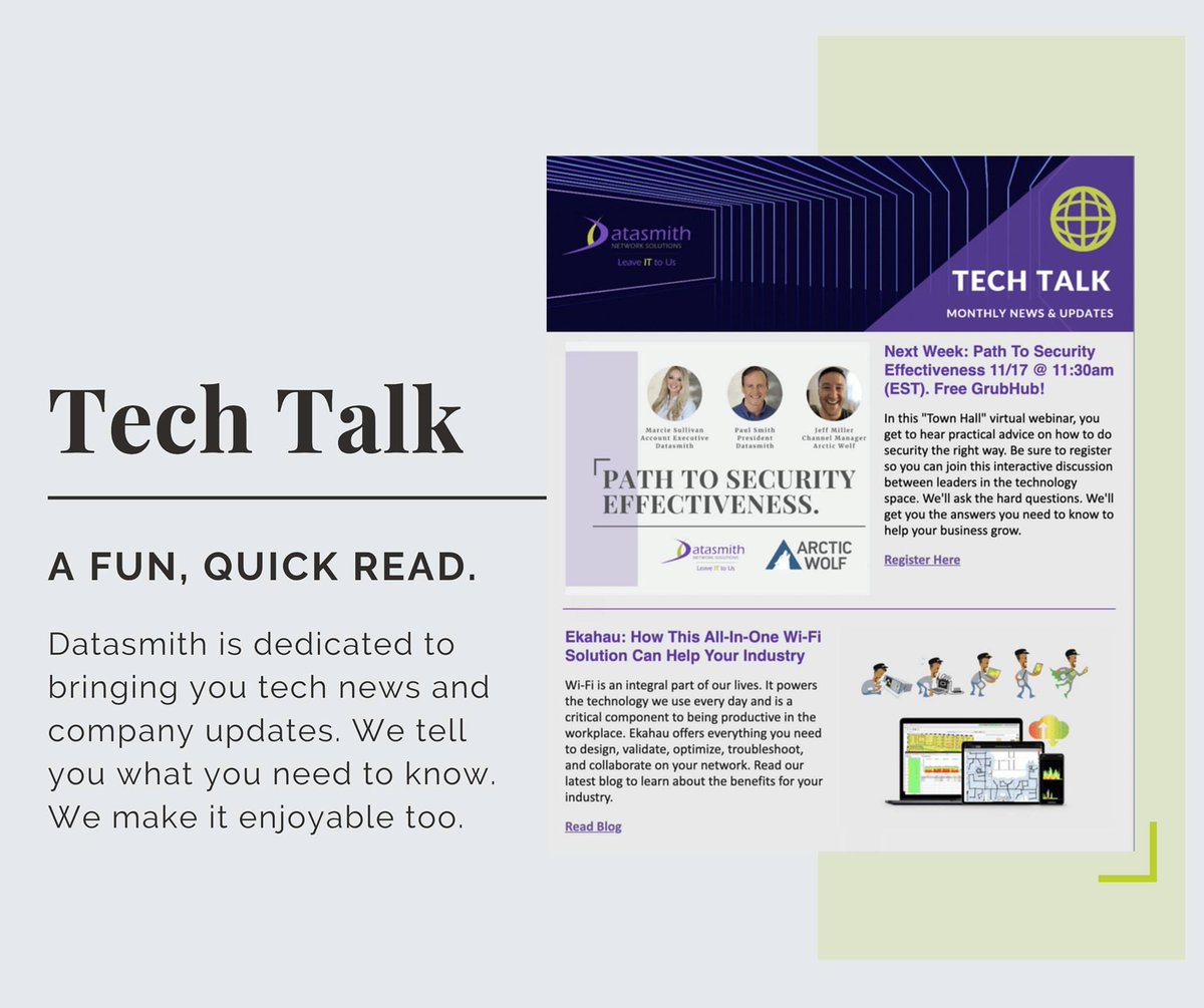 datasmithnet's tweet image. In this month’s Tech Talk, you can learn more about our upcoming virtual event, a leading Wi-Fi solution, employee spotlight, and much more. Access it here: datasmithnetworks.com/newsletter/ #newsletter #technewsletter