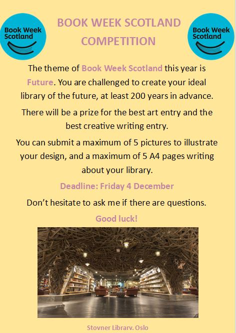 LibLourdes's tweet photo. To celebrate the Future with #BookWeekScotland we're having a competition in the @LourdesSec library! You have until Friday 4 December to submit your design for a library of the future, in art or writing. Good luck! #schoollibraries #glasgowschoollibraries #librarycompetition https://t.co/soQklK6gIo