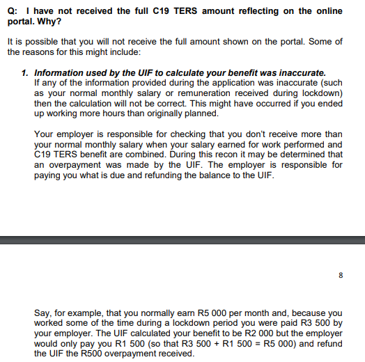 UIFBenefits's tweet photo. Dear clients, please read below the Frequently Asked Questions on Covid-19 TERS benefit payments. #UIF #UIFWorkingForYou https://t.co/l50TVieOdJ