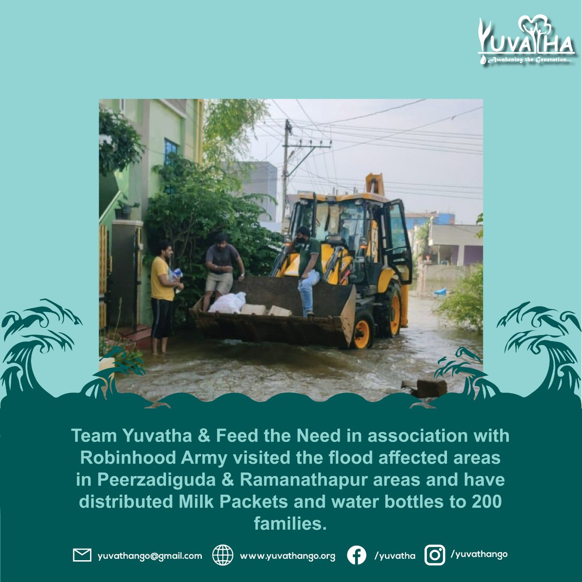 yuvatha_ngo's tweet photo. We can proudly say that we Team Yuvatha &amp; Feed the Need in association with
Robinhood Army visited the flood affected areas
in Peerzadiguda &amp; Ramanathapur areas and have
distributed Milk Packets and water bottles to 200
families.
#yuvathango #hyderabad #yuvathastandsforhyderabad https://t.co/eVrzArcSth