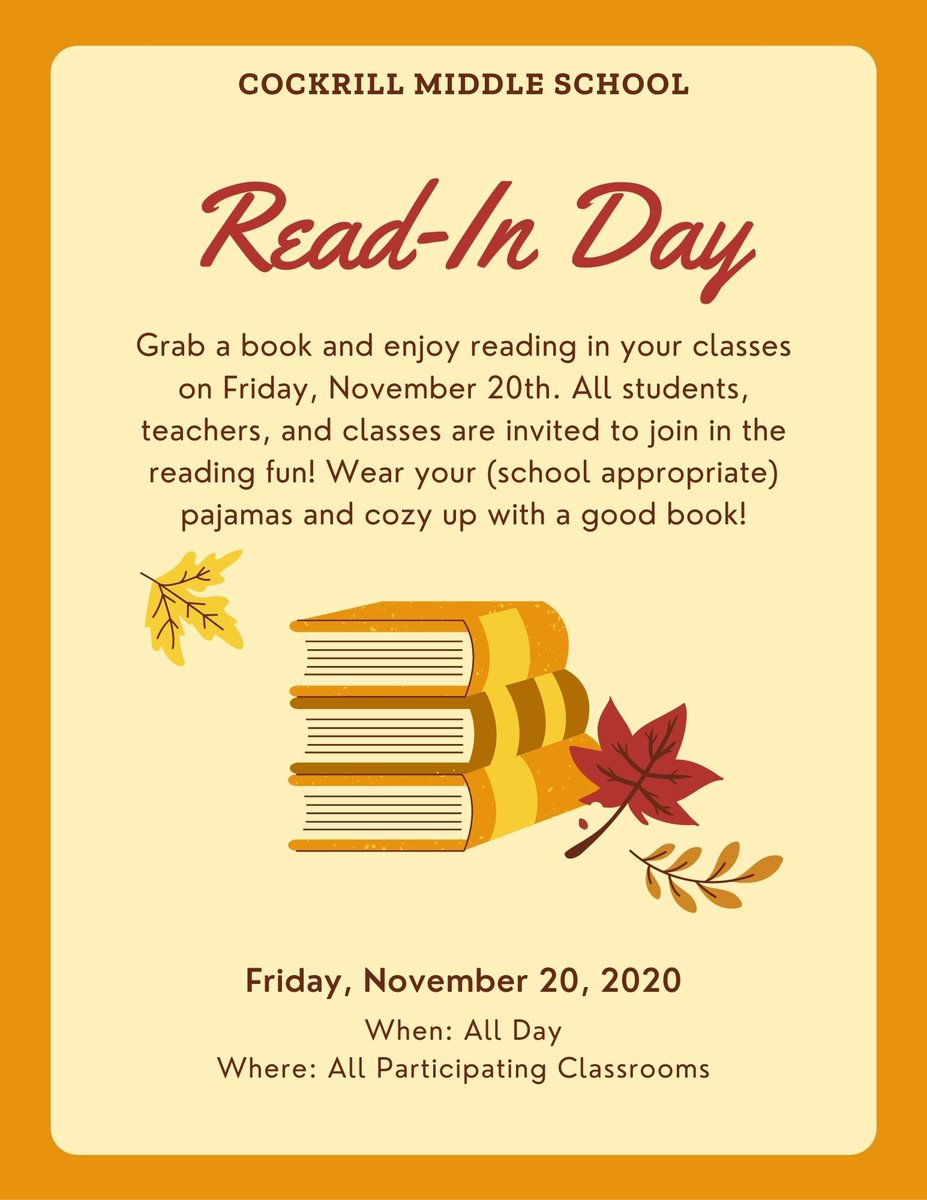 Mark your calendars! Friday, November 20th is our annual Fall Read-In Day at CMS.
📚
Grab a book and enjoy reading in your classes all day. Wear your school appropriate pajamas and cozy up with a good book!
📚
#cmsreads #mymisdreads