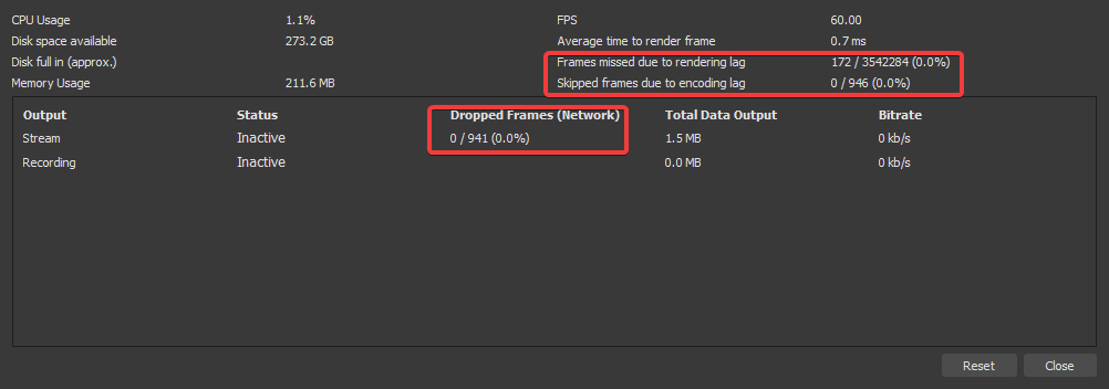 In the Stats window, the important lines are these - Missed, Skipped, and Dropped frames. Missed frames are caused by an overloaded GPU, Skipped frames are due to an overloaded CPU (with the x264 encoder at least), and dropped frames are caused by network problems