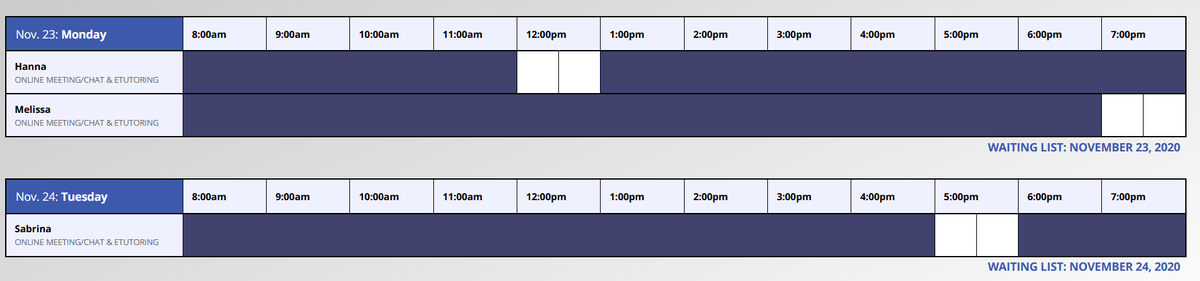 SMSU_WC's tweet photo. Hey Mustangs! We're all booked up this week but have a few openings (pictured below) next week to send you into break! Make your appointment today at https://t.co/YSulJQprQL https://t.co/KNUP7oMFK4