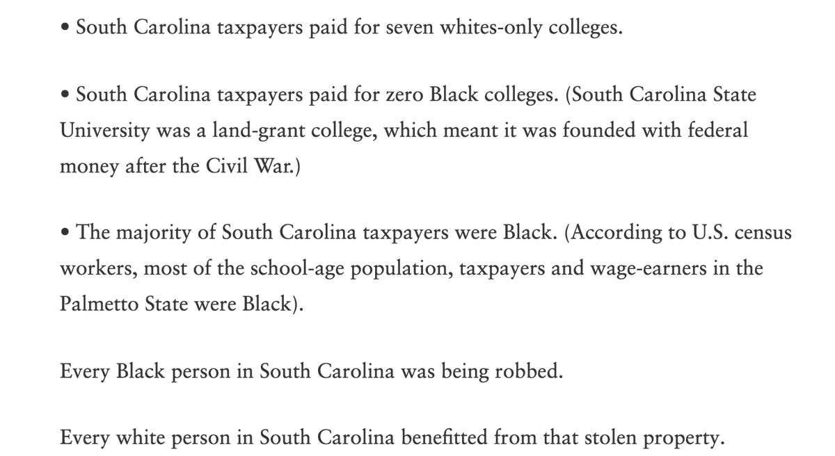 How about those New Deal programs that excluded Blacks from the low-interest mortgages, farm loans and business loans that built the white middle class?For instance, SC was a majority-Black state until 1940, with 7 state-funded colleges that banned black attendance BY LAW