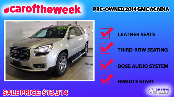 NickDChevyGMC's tweet photo. Our #caroftheweek is Pre-Owned 2014 GMC Acadia on sale for $13,314! Some features include: leather seats, Bose Premium audio system, Can seat up to 7 people, remote start, and more! Click below for more information! https://t.co/ygIB63zJbP https://t.co/T9YKCKcEEM