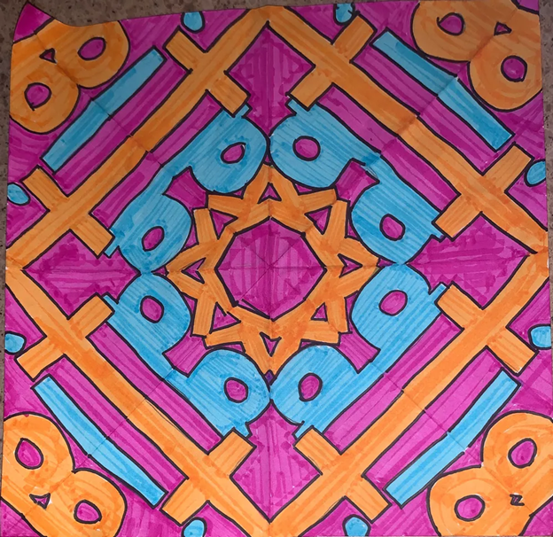 AliefHSArt's tweet photo. Art students @ElsikHighSchool just finished up these colorful kaleidoscope name designs in Ms. Panetti’s Art I classes.  Pictured from top left clockwise artwork by Daniela, Hannah, Sandy, and Katia. @aliefFineArts #AliefArtsMatter https://t.co/bXItCQcfMQ