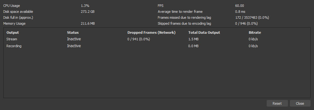 What if you have performance troubles, buffering, an overheating computer, or something else going wrong with your stream? Luckily, OBS Studio (but not Streamlabs OBS, one of the reasons we don't recommend it) has a Stats window. Click View>Stats in OBS to see what the problem is