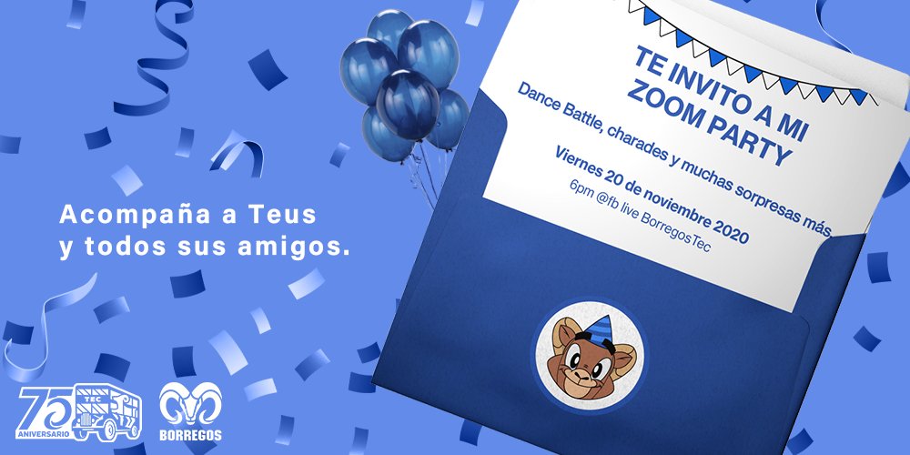 Acompáñame en mi cumpleaños, te vas a divertir en compañía de mis amigos. Sigue la transmisión en Facebook BorregosTec.
📅 20 de noviembre
 💻6:00 pm (CDT) inicio de la transmisión 
#BORREGOS75