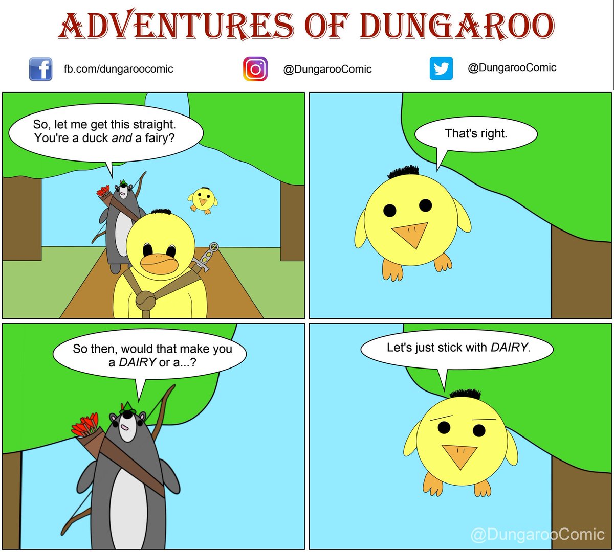 DungarooComic's tweet photo. Some words just shouldn't be combined. #webcomic #webcomicseries #webcomics #webtoon #comicsofinstagram #fantasy #fantasyart #mmorpg #mmorpgmemes #fairy #adventure #duckmemes #duck #lordoftherings #robinhood #dairy https://t.co/9gM2VzLZmv
