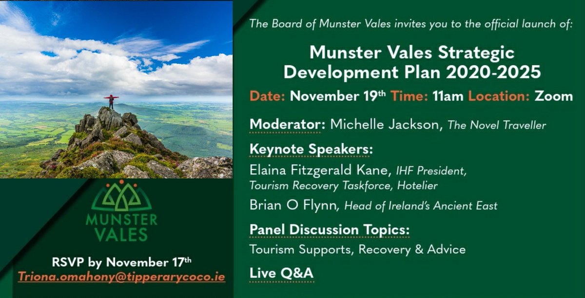VE Studio (@vestudiocork) on Twitter photo We are delighted to work with Tríona O'Mahony and <a href="/MunsterVales/">Munster Vales</a> for the Munster Vales Strategic Development Plan 2020-2025.
To attend this webinar, please visit zoom.us/j/94280976344?… #TourismRecovery #MunsterVales #VirtualEvents We are delighted to work with Tríona O'Mahony and <a href="/MunsterVales/">Munster Vales</a> for the Munster Vales Strategic Development Plan 2020-2025.
To attend this webinar, please visit zoom.us/j/94280976344?… #TourismRecovery #MunsterVales #VirtualEvents