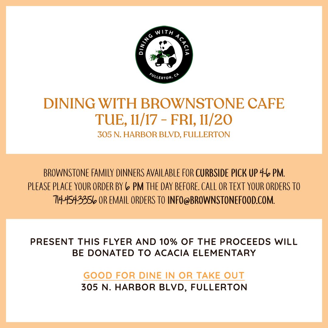 Acacia_Partners's tweet photo. Dining with Acacia is at Brownstone Cafe this week (11/17-11/20)!! 
.
Show this flyer and 10% will be donated to Acacia. Support a local business and Acacia! 💚🐼💚
.
#acaciapartnership #acaciapride #acaciapandas #diningwithacacia @Acaciapride @AcaciaCotsen https://t.co/k8HT3SYjRO