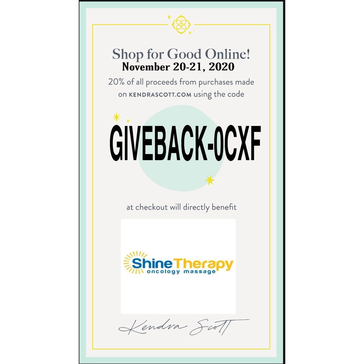 ShineTherapyFW's tweet photo. Shop for Good Online this weekend! 

Join us virtually on Friday Nov. 20th and Saturday Nov. 21st!

20% of all proceeds from purchases made on https://t.co/3WsAxVCzOi using the code GIVEBACK-0CXF will directly benefit Shine Therapy! https://t.co/1vrXnTXNOH