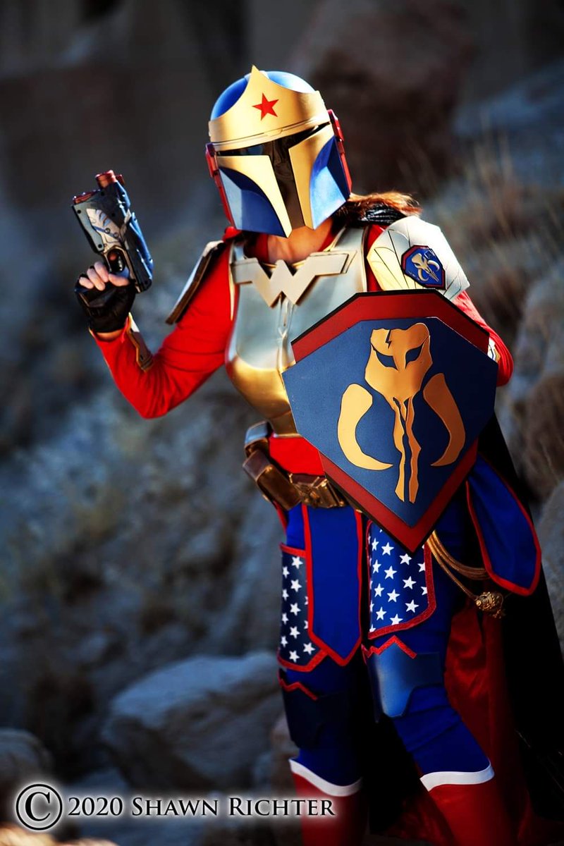 batcap50's tweet photo. Presenting @thelisalower 's new Wonder Woman Mandalorian cosplay!  It has some @GalGadot some @RealLyndaCarter and a while lot of badassery.  We had so much fun making it together! ❤️💛💙 #MandoMondays @kateesackhoff @ginacarano @PedroPascal1 #TheMandalorian https://t.co/qMoHQoz5ac