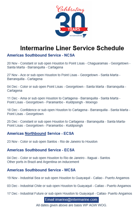 Intermarine_'s tweet photo. Intermarine - Liner Service Schedule - Week 47. For more info, please email imarine@intermarine.com #Intermarine #shipIntermarine #linerservices #shipping #breakbulk #heavylift #maritime #logistics https://t.co/eX4S2kUWPj
