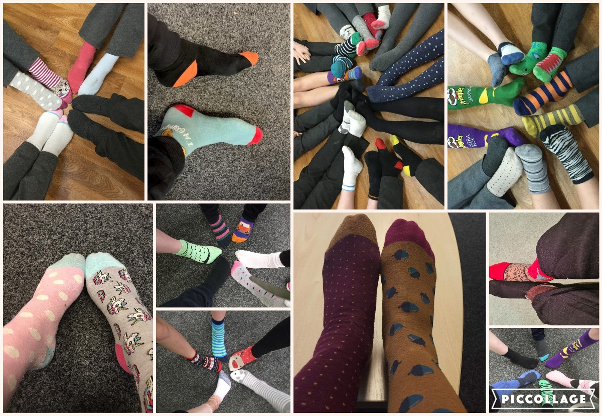 Trinity_Pri_Sch's tweet photo. This week is Anti-Bullying week! To show our support, we are doing a selection of activities throughout the week, and today both staff and pupils have been in odd socks to show we're all different. Take a look! https://t.co/6eik7YV701
