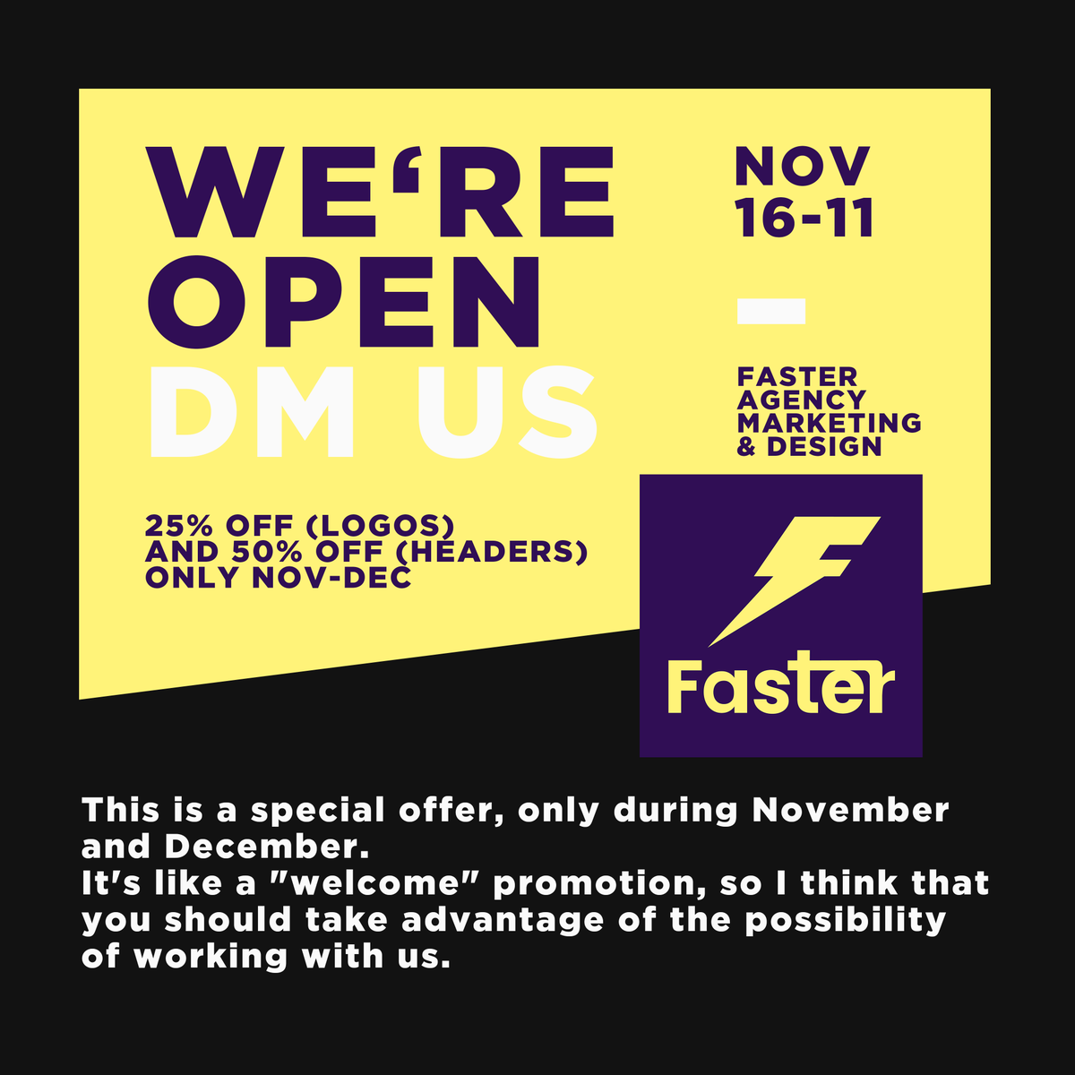 AgencyFaster's tweet photo. ¡Abrimos la agencia!
¡Dejen su mensaje directo cuando deseen!

Esto es una oferta especial durante noviembre y diciembre.
25% OFF en logos
50% OFF en headers

¡SÓLO POR NOVIEMBRE Y DICIEMBRE!
¡APROVECHA LA PROMOCIÓN PARA TRABAJAR CON NOSOTROS!
#FasterAgency #MásQueUnaAgencia https://t.co/7mbQs92OjK