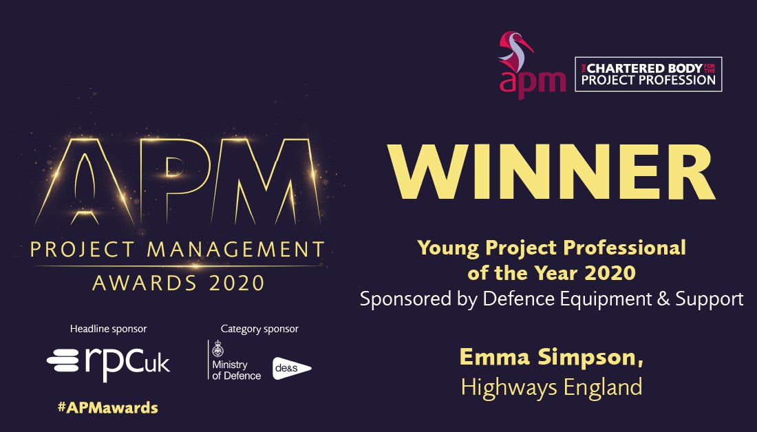 APMProjectMgmt's tweet photo. Congratulations to Emma Simpson, @HighwaysEngland on winning the Young Project Professional of the Year #APMawards sponsored by @DefenceES https://t.co/bTi4cwGG4v