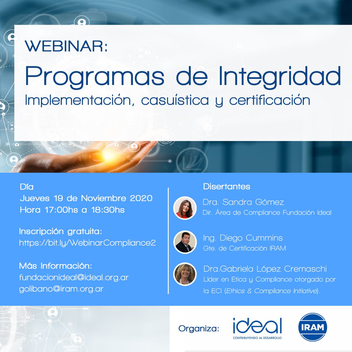 IRAMoficial's tweet photo. ¿Sabías que para cumplir con la Ley 27.401 de Responsabilidad Penal Empresaria necesitás contar con un #ProgramaDeIntegridad?
Conocé todo sobre #Compliance en el #WebinarGratuito que daremos junto a @FundacionIdeal el ⏰jueves 19/11, 17:00 
¡Inscribite! 👉https://t.co/xmaQ8Q6V5q https://t.co/0ZmiSDF5Fx