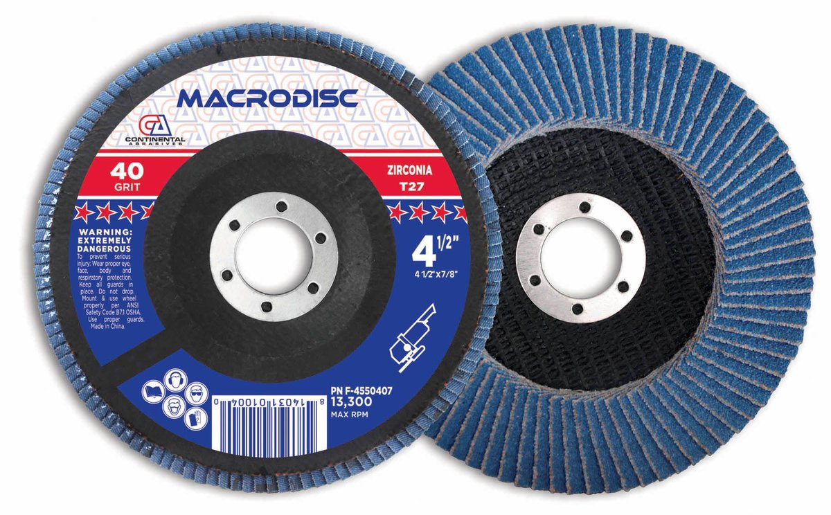 NitrogasWS's tweet photo. The new Flap Disk from Continental Abrasives Type 27 Zirconia Flap Disk 4 1/2" x 7/8" T27 is here! Shop on our store now! #macrodisc #zirconiaflapdisc #continentalflapdis https://t.co/5Fl0ZttNKQ