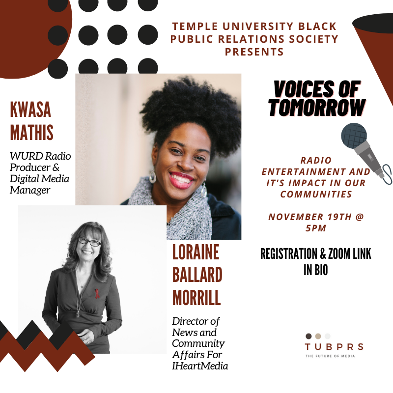 TUBPRS's tweet photo. This Thursday, November 19th @ 5PM, join us for a panel discussion on radio entertainment and it's impact in our community featuring, Kwasa Mathis &amp; Loraine Ballard Morrill! 

Registration and zoom link here: https://t.co/wdhpIPFM5m https://t.co/hwqlMV1jGR