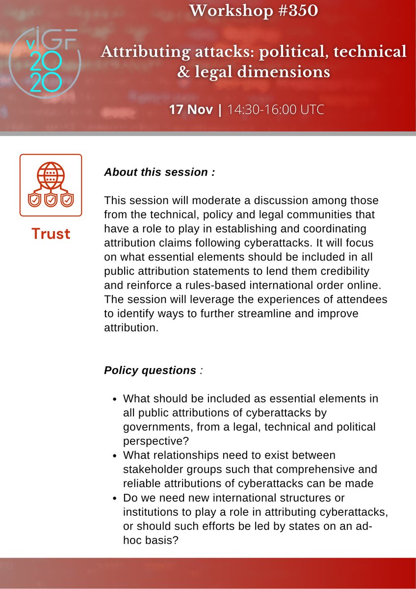 Igf_trust's tweet photo. Starting at 14:30 UTC  in the #IGF2020 #Trust Track: WS #350 Attributing attacks: political, technical &amp; legal dimensions

Session details 
https://t.co/e3u0HajHev 

YouTube Livestream of this session available from https://t.co/7yINUcBpb4 

#Cybersecurity https://t.co/7XqTBjEJEQ