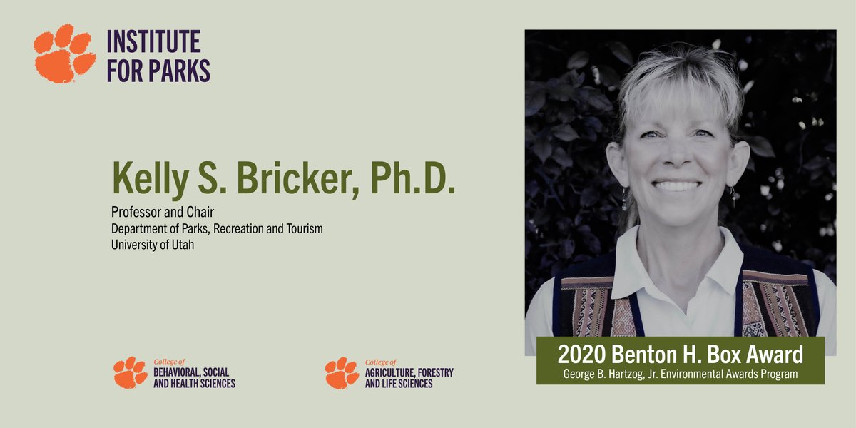 ClemsonParks's tweet photo. Kelly S. Bricker, Ph.D. is the second recipient of this year's Benton H. Box Award through the George B. Hartzog, Jr. Environmental Awards program. 

See her award presentation by Clemson PRTM faculty member Matthew Brownlee: https://t.co/DROGqHA1YO

#Hartzog2020 @ClemsonPRTM https://t.co/SeTwIU8P1G