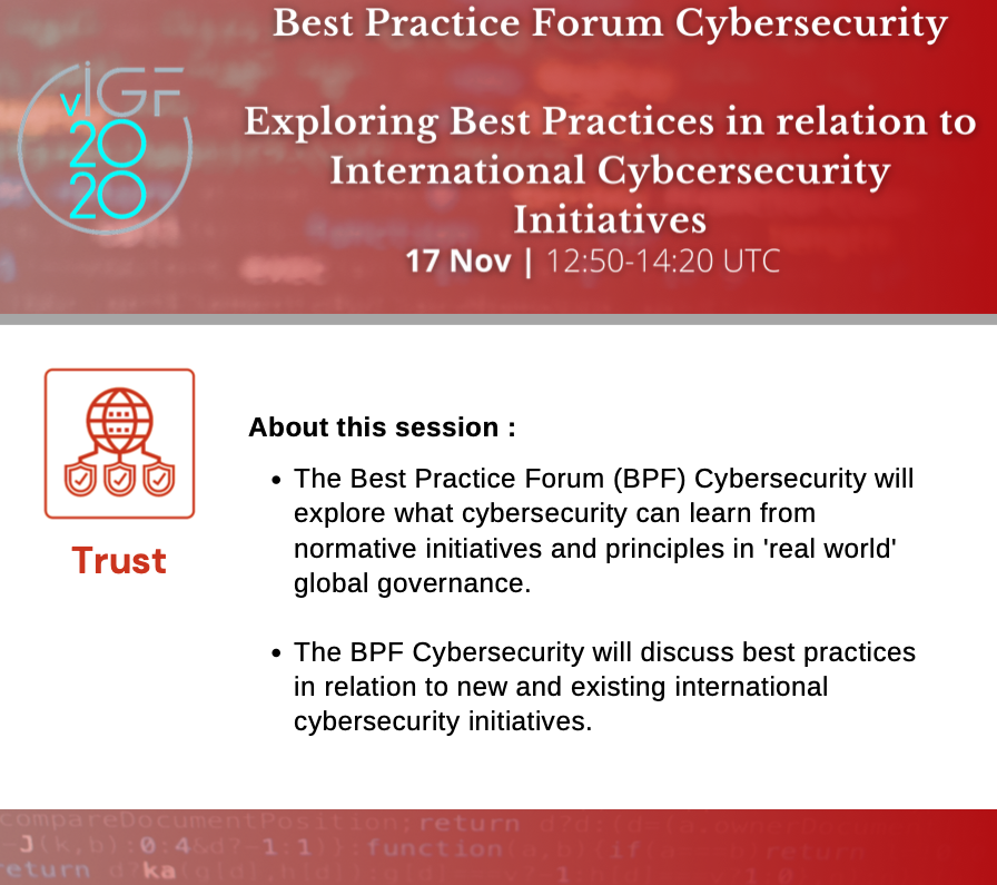 Igf_trust's tweet photo. At 12:50 UTC  in the #IGF2020 #Trust Track: Best Practice Forum #Cybersecurity - Exploring best practices in relation to international cybersecurity initiatives.

Session details 
https://t.co/dWgPXGYjRX 

YouTube Livestream of this session available from https://t.co/7yINUcBpb4 https://t.co/JJJEbOExwH