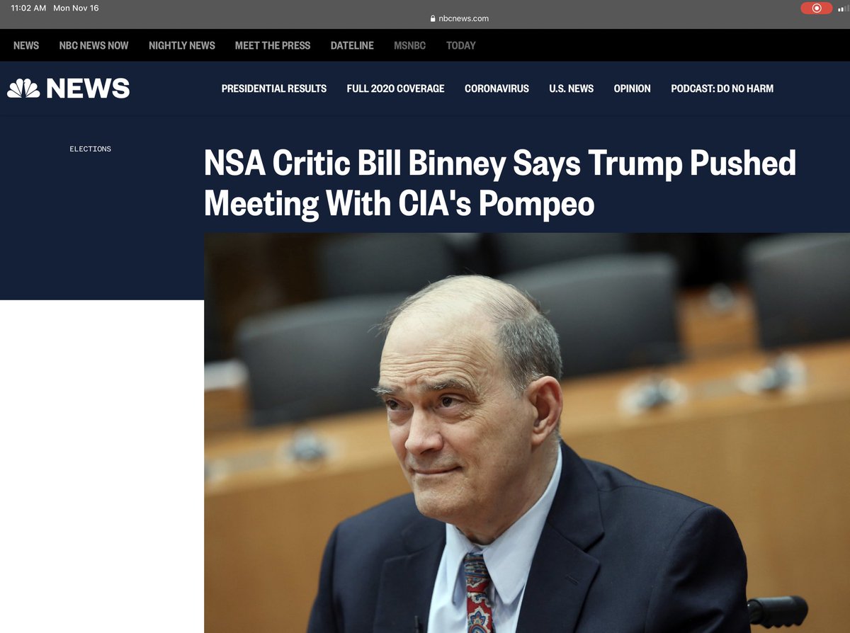 In case anyone thinks BINNEY is not a player, here he is after TRUMP urged POMPEO to meet with this traitor on... Nov 7, 2017. https://www.nbcnews.com/politics/elections/nsa-critic-bill-binney-says-trump-pushed-meeting-cia-s-n818306