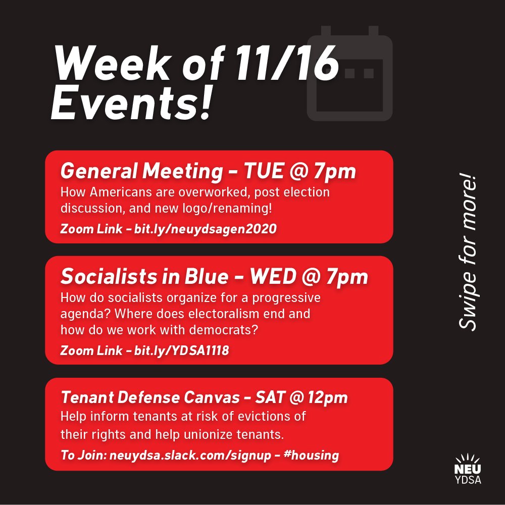 NEU YDSA has some great events to attend this week. From a logo redesign and discussion on exploitation to tenant organizing in Boston, there is a lot to do.