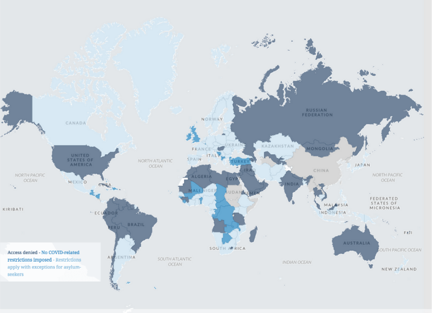 As the virus spread across the world, more and more states implemented measures to contain its spread – including limiting movement between and within countries. By late May, the number of countries imposing border restrictions with no exceptions for those seeking asylum had peaked at 100. This map shows the impact of closing borders around the world.
