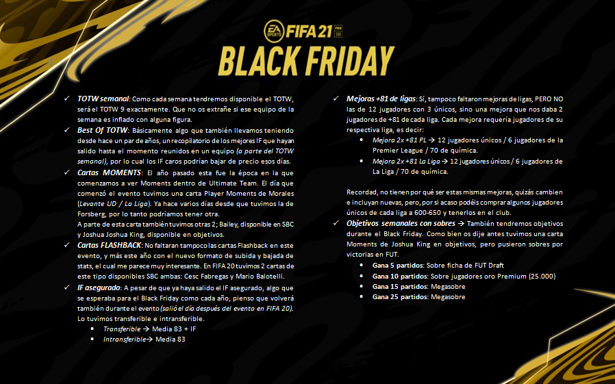 TOTWprediccion's tweet photo. FIFA 21 || GUÍA BLACK FRIDAY 

¡A la vuelta de la esquina! 🔜

🗓️ Comienza el 27/11

🤔 ¿De que trata el evento? 

👀 ¿Que podemos tener? 

📌 Rondas y sobres prom.

📌 SBC Relámpago

📌 Best Of TOTW

📌 Cartas Flashback / Moments

📌 Objetivos

📌 Mejoras de ligas

🔁 ❤️😄 https://t.co/eL9iQNB9Er