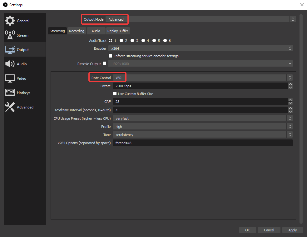 Luckily, a few simple changes will vastly improve your stream settings. But first, a bit of explanation about settings. The OBS output settings in advanced mode gives access to 𝗥𝗮𝘁𝗲 𝗖𝗼𝗻𝘁𝗿𝗼𝗹 which should usually be set to 𝗩𝗕𝗥.