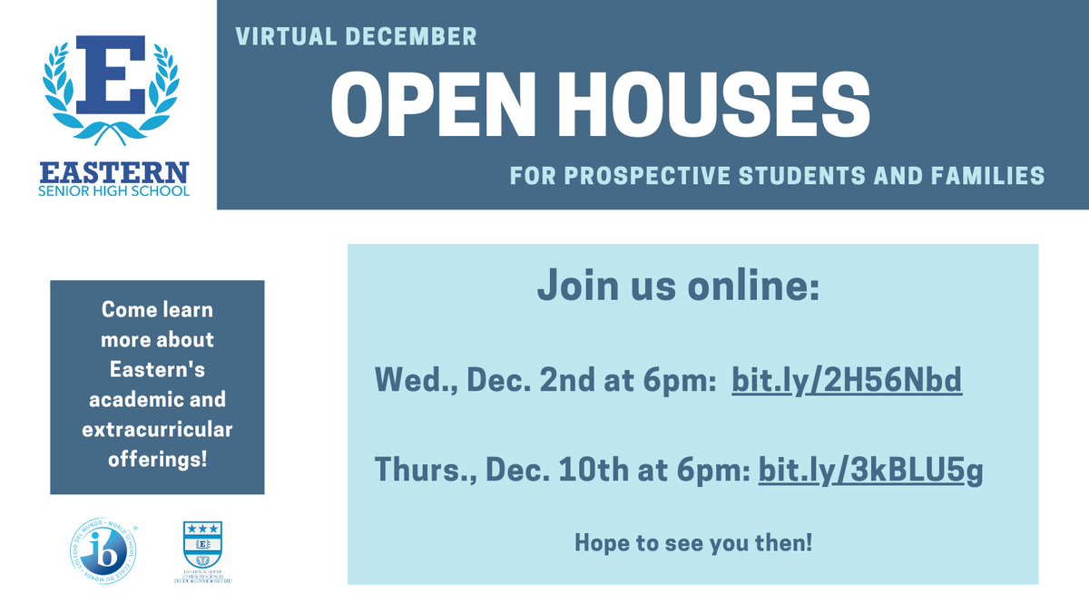 Eastern is hosting two virtual open houses in December!  Add them to your calendar to learn more about all of our academic and extracurricular options at The Pride of Capitol Hill 🏫🐏 <a href="/EasternHS/">Eastern High School</a> <a href="/EnrollDCPS/">EnrollDCPS</a>
