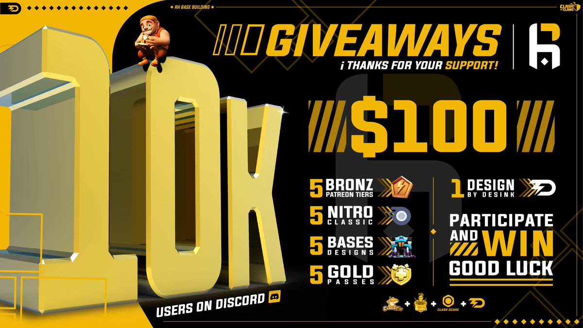 🔥GIVEAWAY🔥

🔥To celebrate our 10K members on Discord, we're doing a HUGE GIVEAWAY!😍

➡️Follow 
@RH_BaseBuilding
@CarbonFinGaming
<a href="/Lexnos_/">👀</a>
<a href="/ClashScore/">Clash Score</a>
<a href="/Desink9/">Desink</a>
➡️Retweet
➡️Tag 3 friends

🔥20+ Winners, so make sure join our Discord to stay updated!
➡️discord.gg/rhbb⬅️