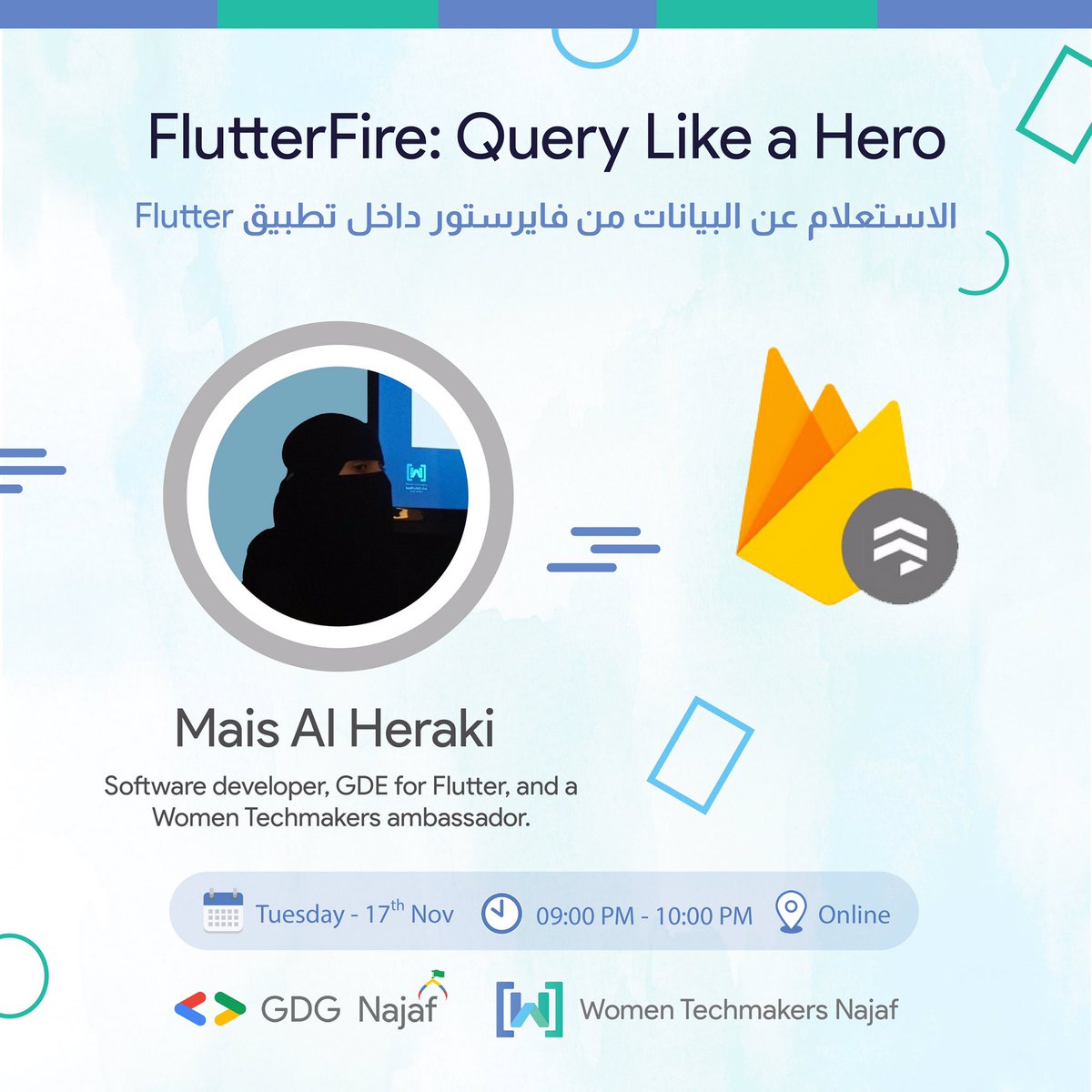 gdgnajaf's tweet photo. Join us tomorrow with the 2nd session of WTM week which will be with @pr_Mais titled by "FlutterFire: Query like a hero!"

Time: Nov 17, 9:00 PM IQ Time.
Live On GDG Najaf FB page and YouTube channel on link:
https://t.co/gzj15eZfzW…

#GDGNajaf #WTM https://t.co/SuWRb1o98C