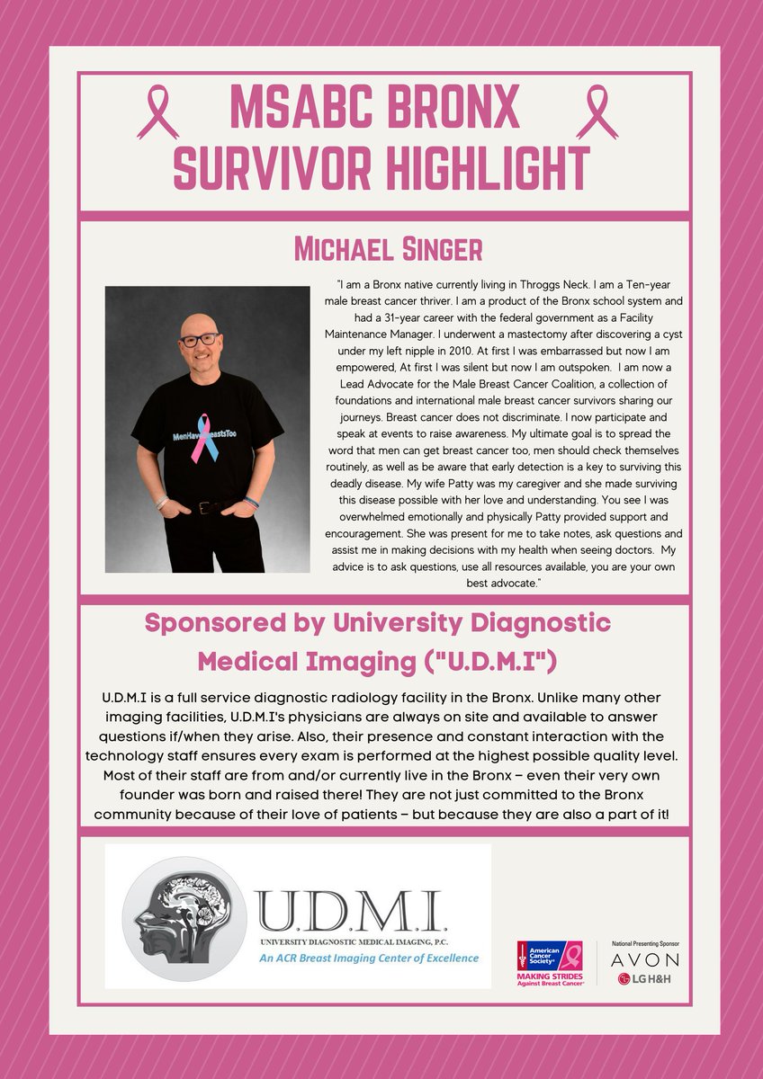 MakingBronx's tweet photo. Today we shine the Highlight on Michael Singer a male breast cancer survivor! Don’t wait! Learn more about Imaging &amp; schedule your screening today at:
https://t.co/dzS3o8sNyg

#attackingbreastcancer #Breasthealth #makingstridesbronx @UNIVERSITY_DIAG https://t.co/psSCjt3APy