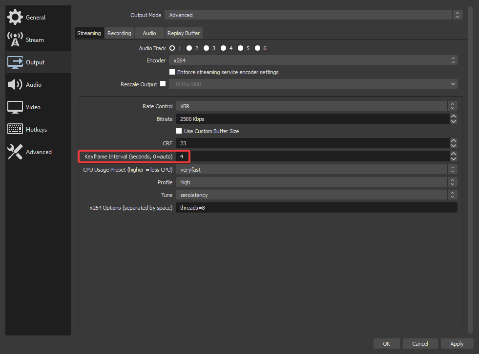 Your keyframe interval is how often OBS sends a full image frame, instead of changes to the previous full image. More frequent keyframes mean higher CPU and bandwidth usage, but can also lower your stream latency. On  http://Piczel.tv  we recommend 4 as a good compromise