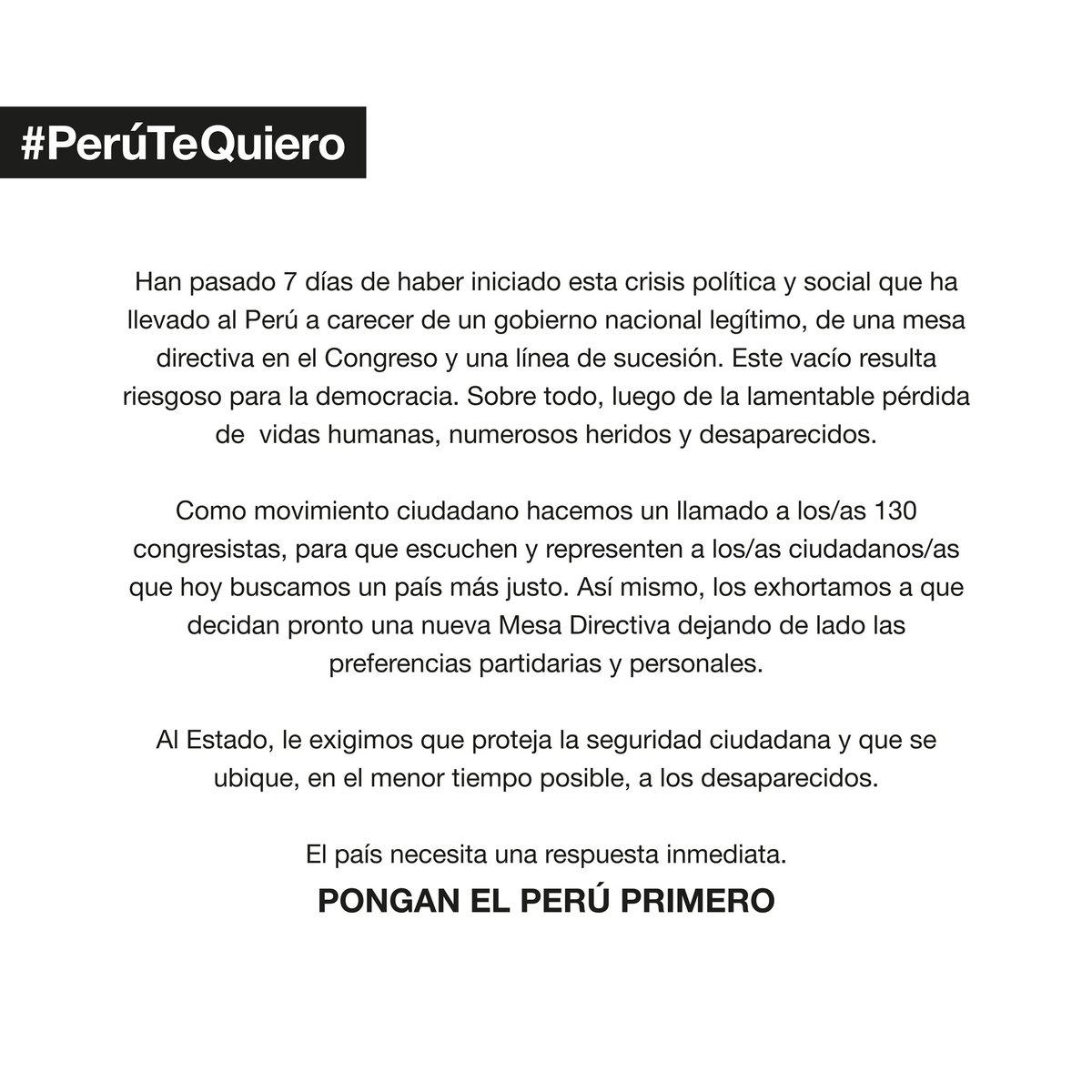 Perutequiero_pe's tweet photo. El país necesita una respuesta inmediata.

#PerúTeQuiero https://t.co/iunL2huuBz