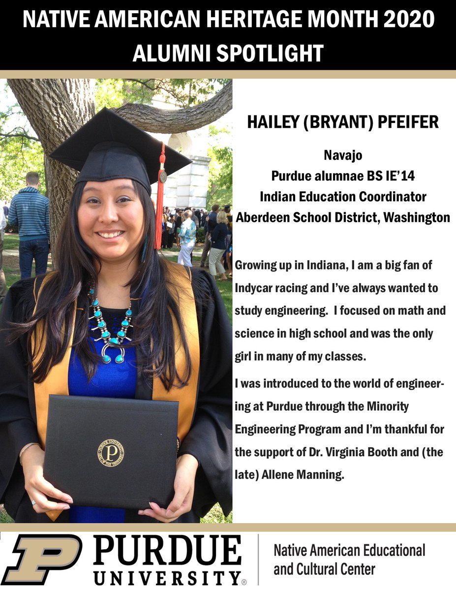 PurdueNAECC's tweet photo. #PurdueNAECC Native American Heritage Month profile features @PurdueAlumni Hailey (Bryant) Pfeifer (Navajo), BS'14 in @PurdueIndEng with @PurdueEngineers. She credits @purduemep for her success in undergrad. #PurdueNAHM #IndigenizePurdue https://t.co/BiELX0x0wc