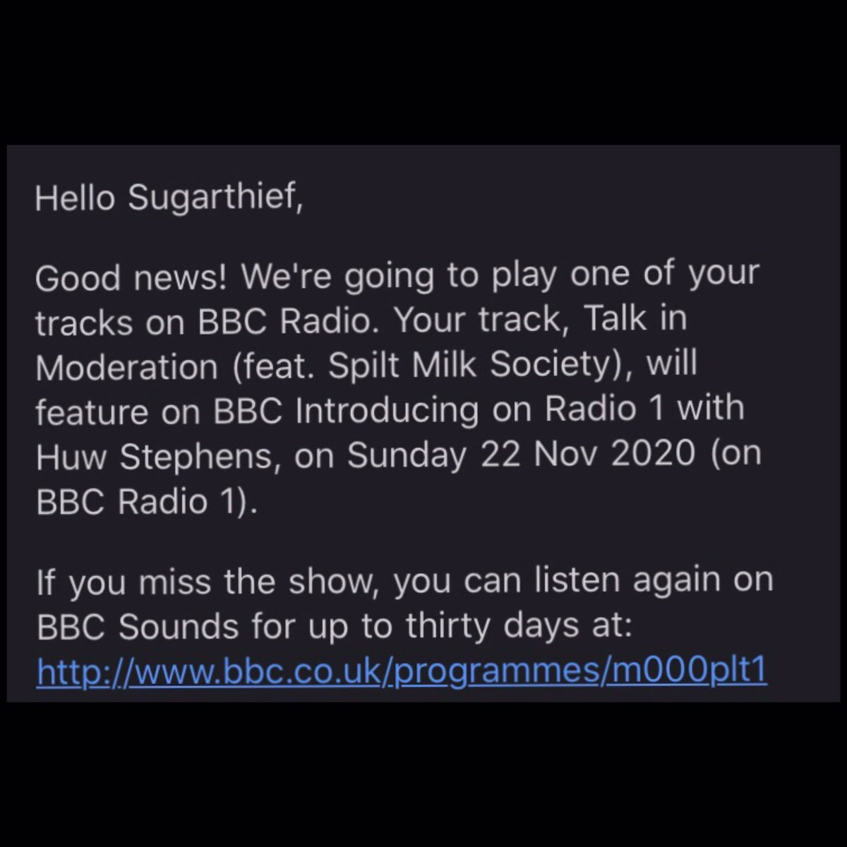 This Sunday we’ll be getting our first ever airplay on Radio 1 in one of <a href="/huwstephens/">Huw Stephens</a>’ last shows on the introducing show, we are honoured! Gotta give a big thank you to <a href="/bbcintrowm/">BBC Music Introducing in the West Midlands</a> &amp; BBC Introducing Stoke for playing and pushing Talk in Moderation so much the past few weeks🖤