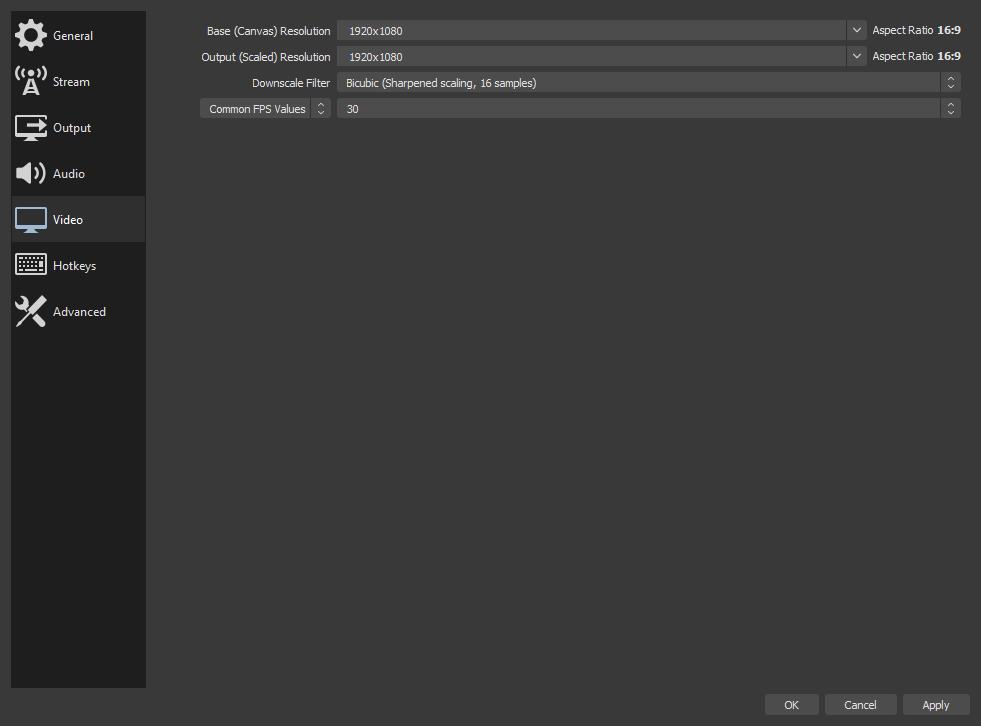 Moving to the video settings tab, the base resolution is the canvas that you add sources to on the main OBS window - very similar to an art canvas. The output resolution is what the base resolution is compressed to before being encoded and sent to the stream server (eg Piczel)