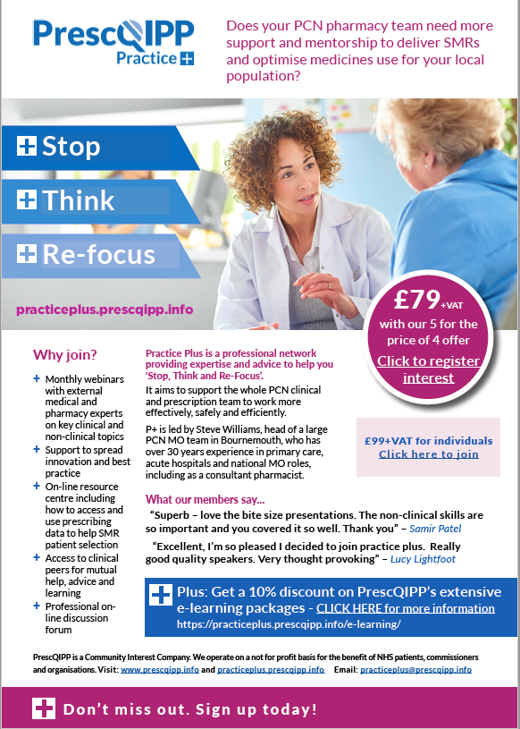 PrescQIPP's tweet photo. Do you want support with #SMRs?
Join many of your colleagues @PrescQIPP #PracticePlus 4 access to a huge range of benefits including monthly webinars and discounts on our #e-learning
See our #Special offer
https://t.co/9hc2XLVb0e
@CdsPcn @PrimaryCareNHS @rankine @NHSConfed https://t.co/JYdQAUJhBv