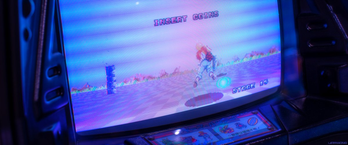 Photography by Liam Wong of Japan at night. A close-up of Space Harrier.