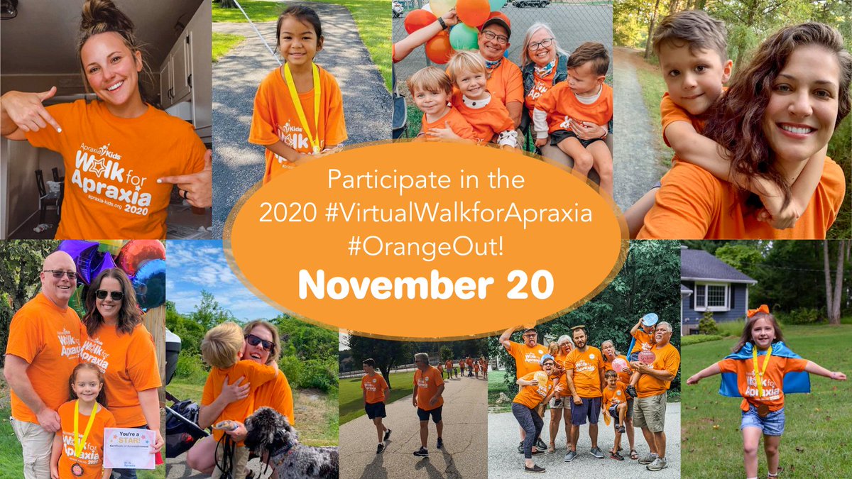 Apraxia_KIDS's tweet photo. FRIDAY NOVEMBER 20th is the 2020 #VirtualWalkforApraxia Orange Out!
Wear your orange Walk shirt, take a photo/selfie, and post it on Twitter! Be sure to tell us why you were thankful to participate in this year’s Virtual Walk.
Bonus fun: Include the link to your Walk website! https://t.co/5kyC0fWMlI