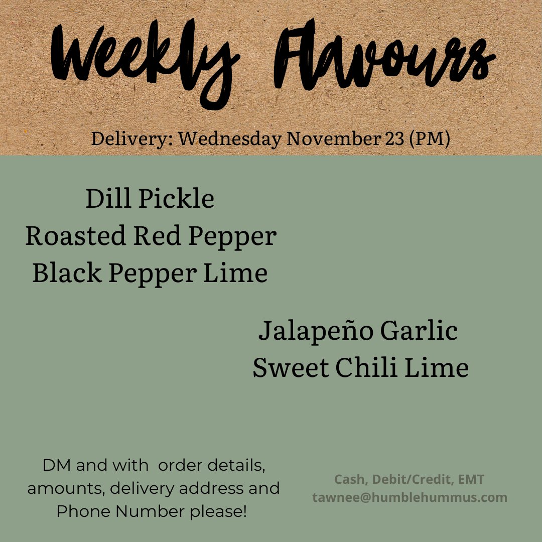 Check out this weeks flavours! DM me to place an order for November 23 delivery!

#humblehummus #hummus #fresh #local #yum #supportlocalyqf