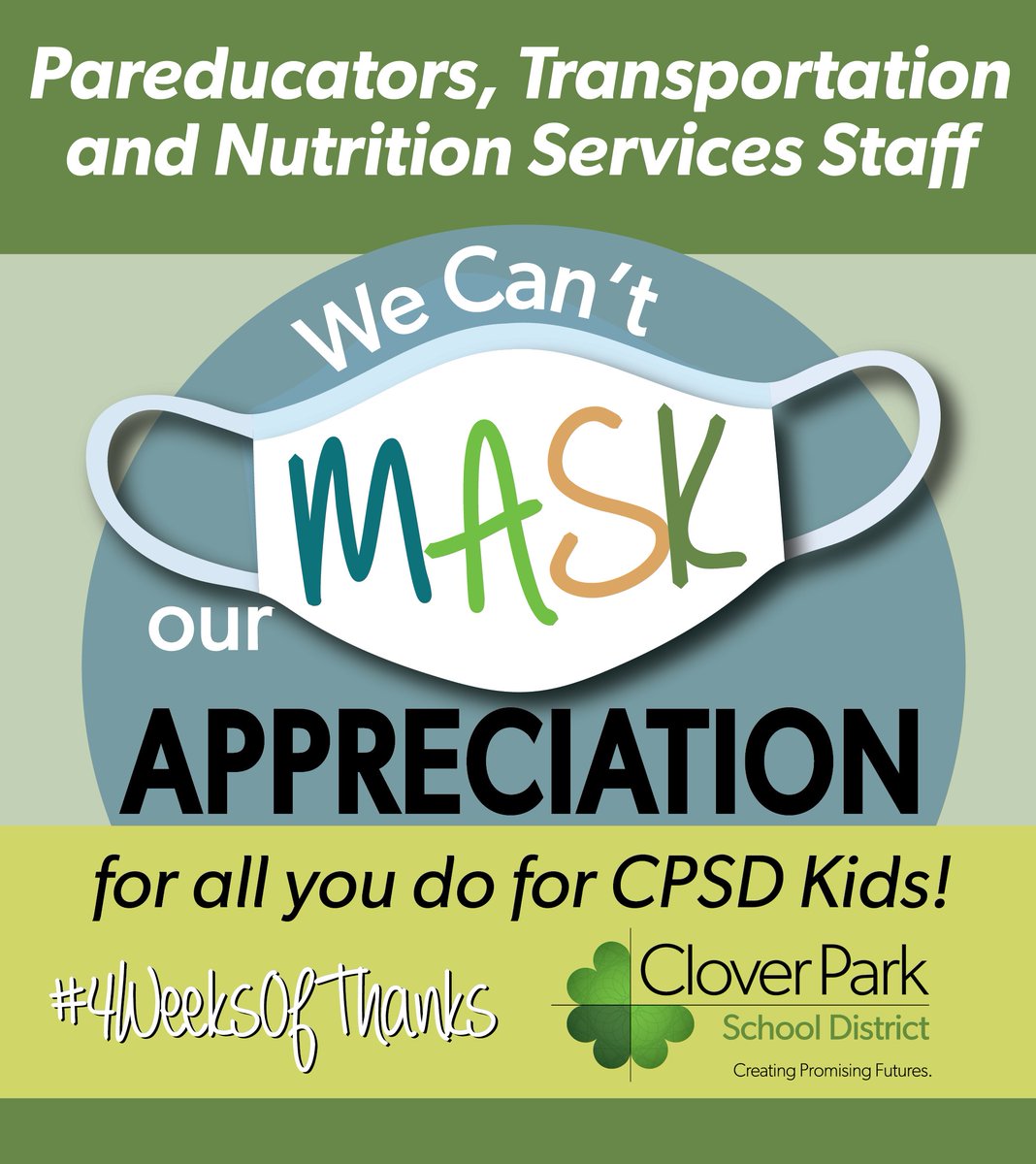 CloverParkSD's tweet photo. It’s week three of our Four Weeks of Thanks. This week we are recognizing the efforts of our transportation &amp; student nutrition staff and paraeducators. Thank you for helping our students get to school, eat nutritious meals and receive the extra support they need. #4WeeksofThanks https://t.co/EcyGubcr8n