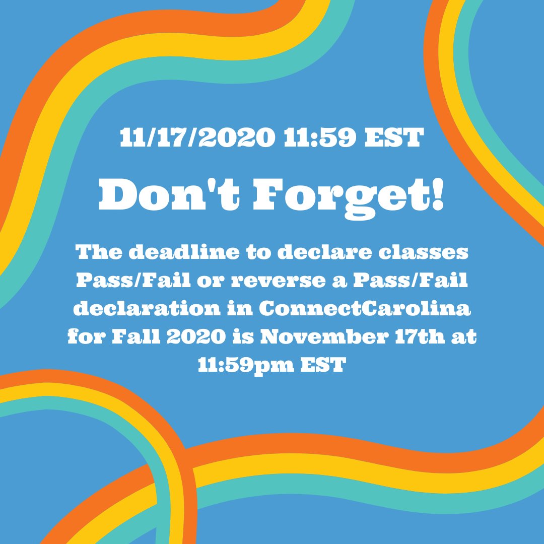 The deadline to declare classes Pass/Fail or reverse a Pass/Fail declaration in ConnectCarolina (connectcarolina.unc.edu) for Fall 2020 is November 17th at 11:59pm EST

You can find information on the Registrar's website registrar.unc.edu/registrar-covi…