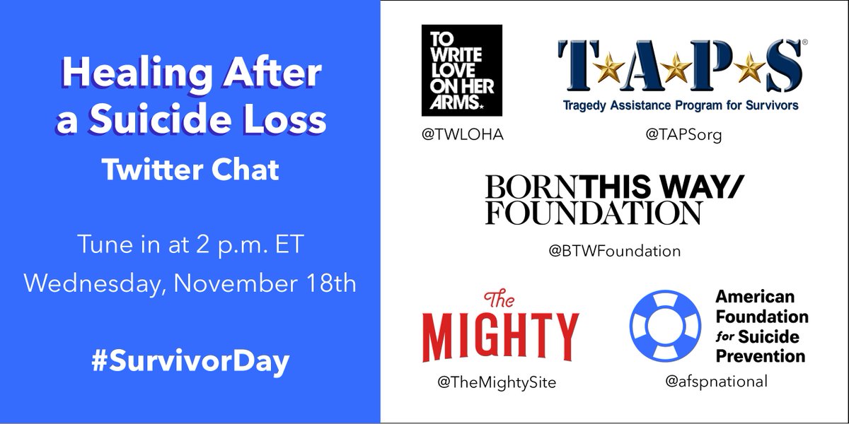 afspnational's tweet photo. We can't wait for our Healing After a Suicide Loss Twitter chat with our partners @BTWFoundation, @TAPSorg, @TheMightySite and @TWLOHA on November 18th at 2 pm ET!

Use #SurvivorDay to tune in and participate ❤️ https://t.co/OBXxq4tj9C